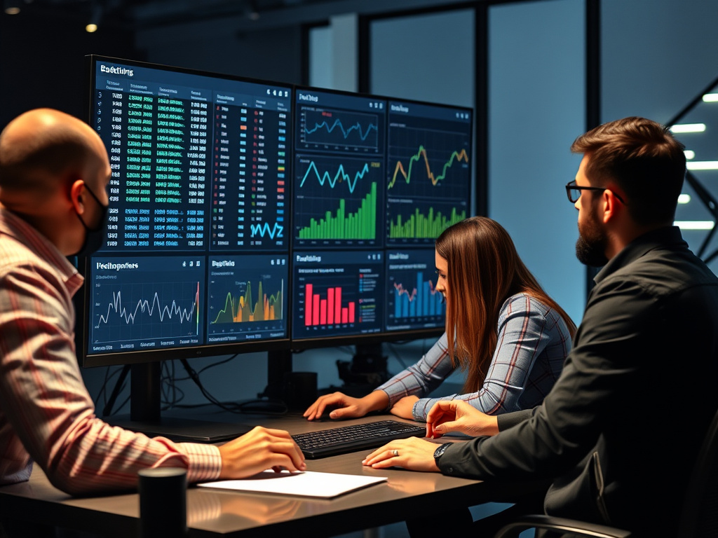 professional digital marketing team analyzing backlink profiles on a large monitor with charts and graphs