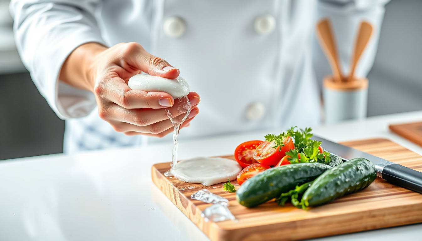  Chef washing hands with soap and water, sanitized food on cutting board