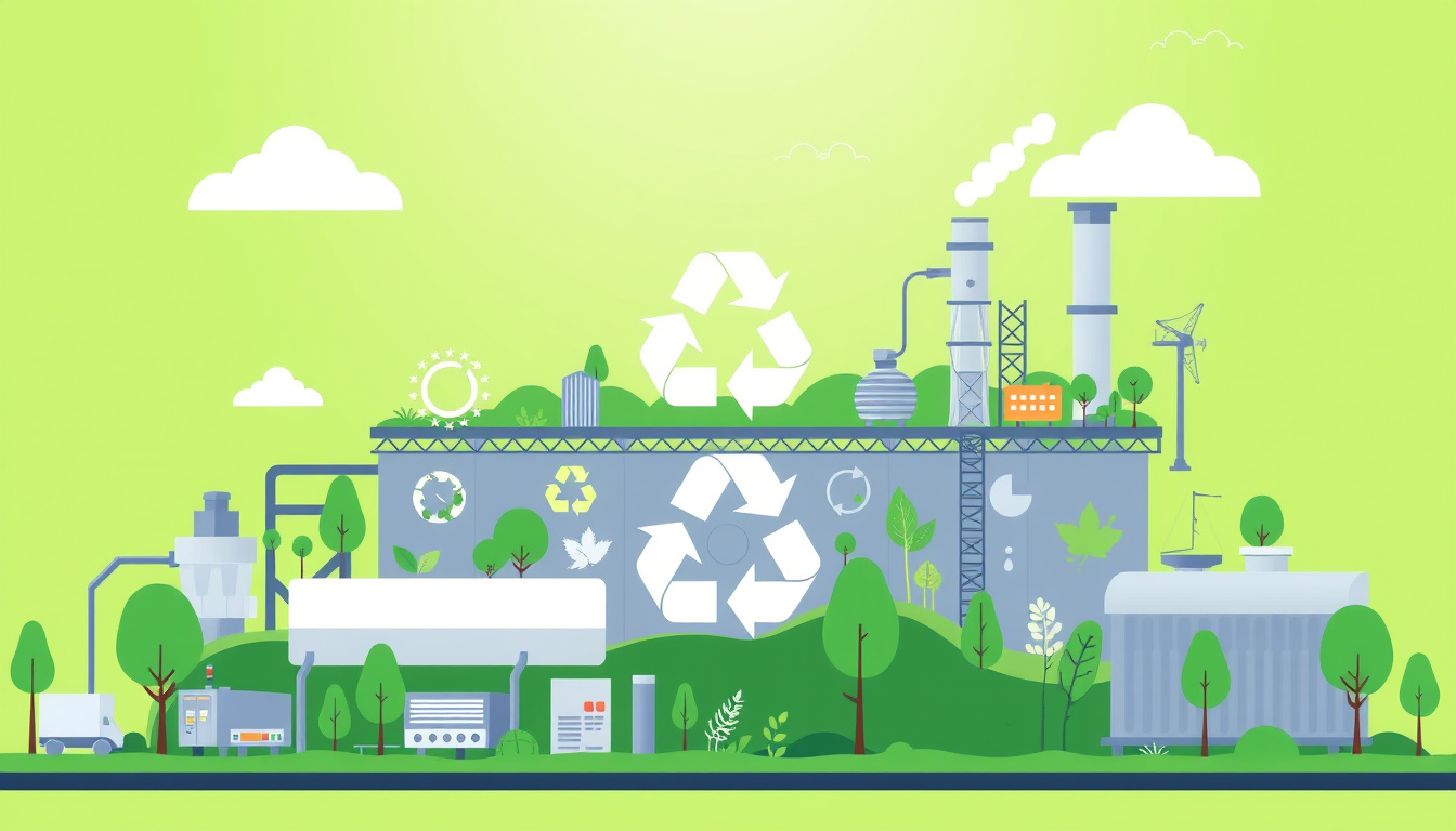  Industrial recycling plant with eco-friendly symbols and green landscapes