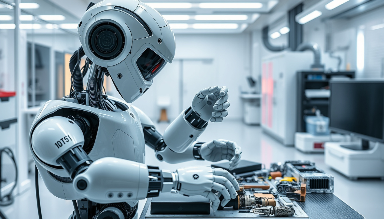  futuristic robot dismantling old gadgets safely in clean, high-tech facility environment