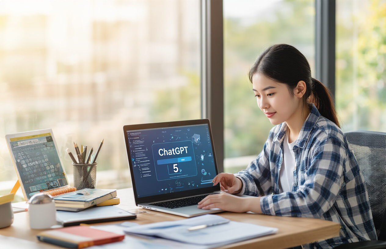 Create a realistic image of a young Asian female student sitting at a modern desk with a laptop displaying ChatGPT-5 interface, surrounded by productivity tools, digital notebooks, and learning materials, with a focused expression as she engages with the AI for learning new skills, warm natural lighting streaming through a nearby window, creating an inspiring and productive atmosphere.