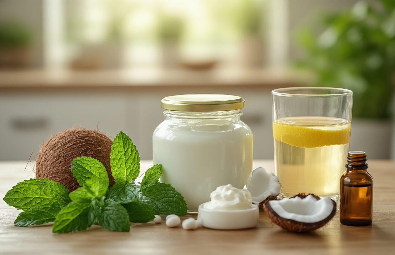 Create a realistic image of a wooden table with an arrangement of natural breath-freshening items including a jar of probiotics, fresh mint leaves, coconut oil pulling, a glass of water with lemon, natural yogurt, green tea, and a small bottle of essential oils, all presented in a bright, clean kitchen setting with soft natural lighting highlighting the healthy oral care alternatives.