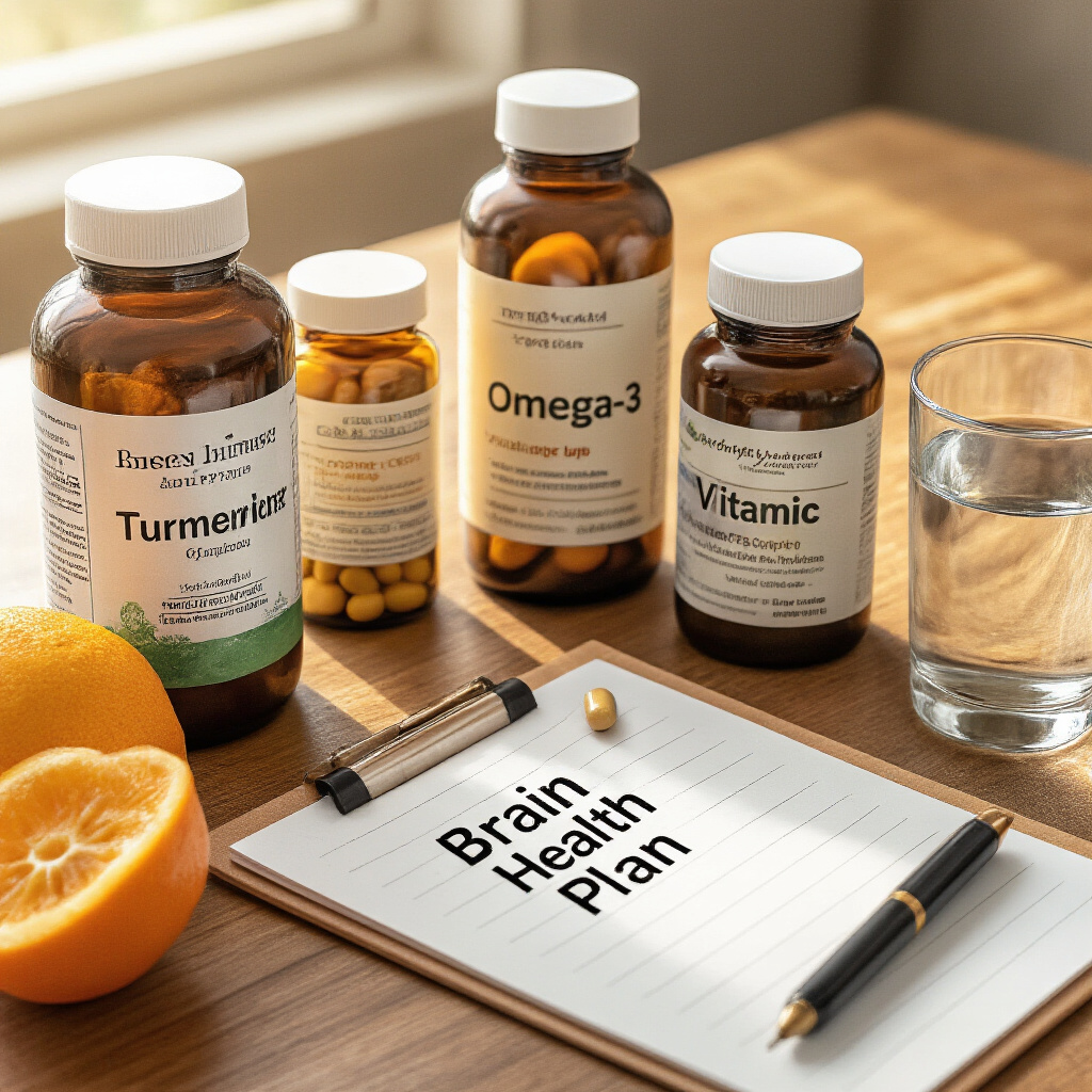 Create a realistic image of various brain health supplements arranged on a wooden table, including bottles of omega-3 fish oil, turmeric capsules, vitamin B complex, phosphatidylserine, and ginkgo biloba, with a glass of water nearby, a notepad with "Brain Health Plan" written on it, and a piece of fresh fruit, all in warm natural lighting suggesting a health-conscious home environment.