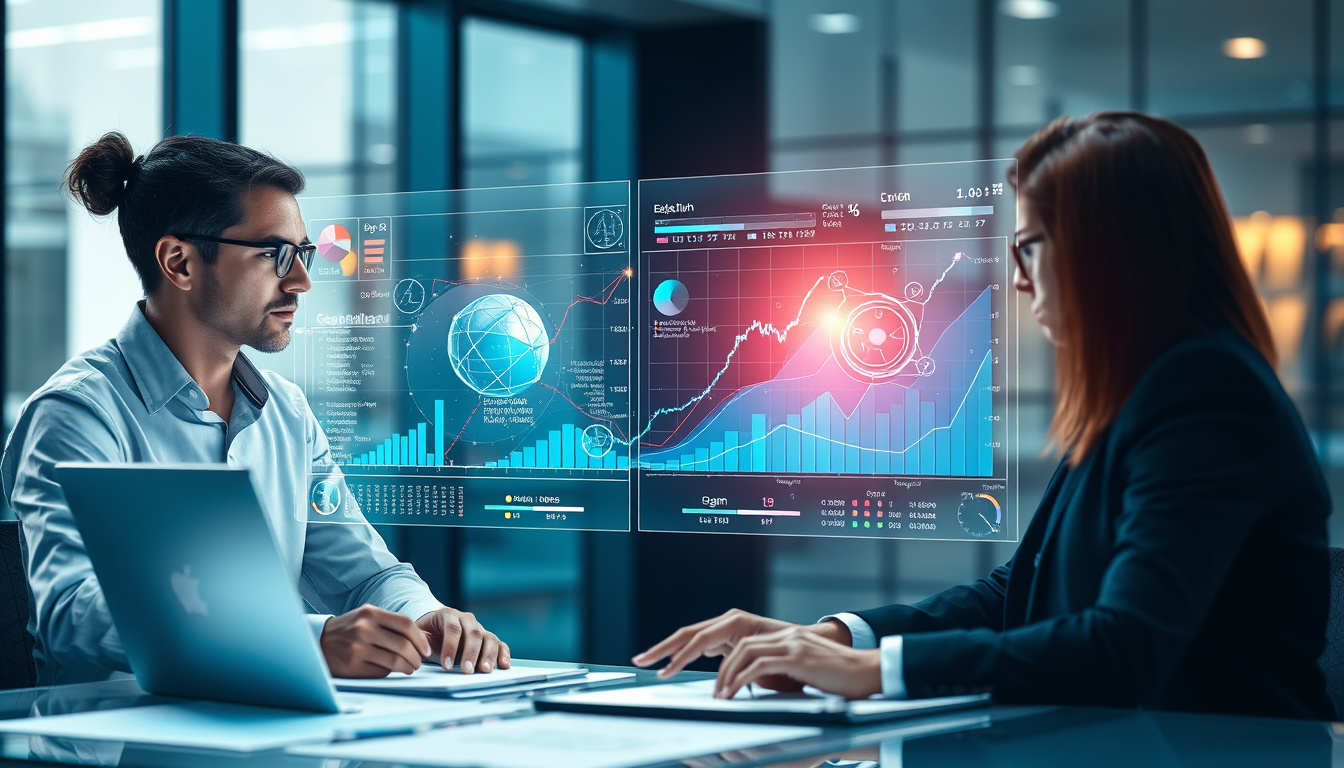  Business executives analyzing holographic predictive models and graphs