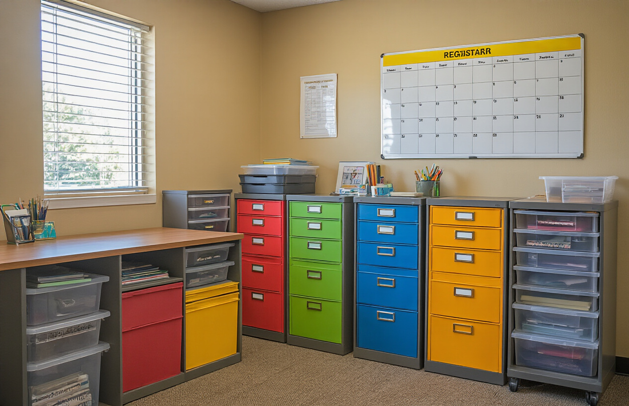 Create a realistic image of a well-organized school registrar's office with budget-friendly storage solutions including colorful labeled filing cabinets, stacked clear plastic bins, wall-mounted document organizers, and a magnetic whiteboard calendar, all neatly arranged in a small office space with warm lighting and a clean, professional atmosphere.