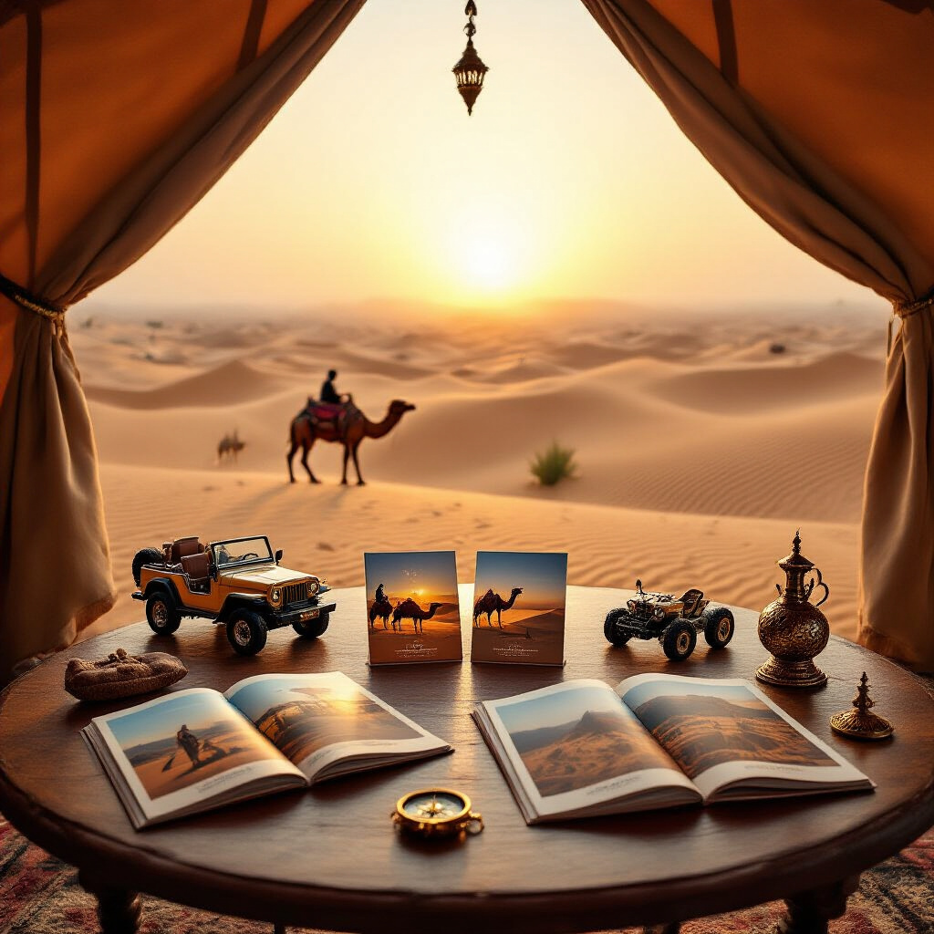 Create a realistic image of an array of luxury desert safari packages displayed on an elegant wooden table in a Bedouin-style tent, with brochures showcasing different experiences like camel riding, dune bashing, and falconry, accompanied by small decorative elements like a miniature jeep, a compass, and traditional Arabian artifacts, all bathed in warm golden sunset light filtering through the tent opening with Dubai's desert dunes visible in the background.