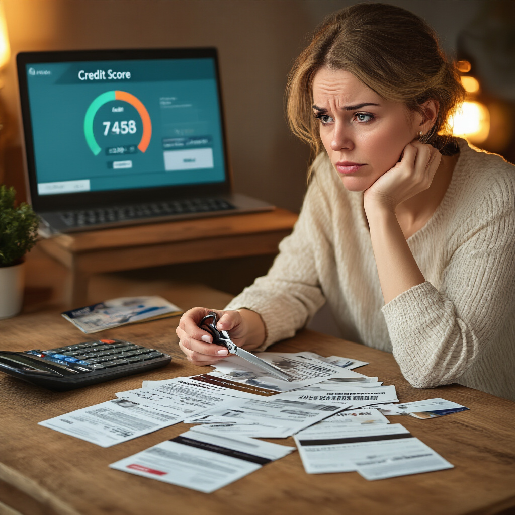 Create a realistic image of a white woman in her 30s looking contemplative while holding scissors over a credit card, with several credit card statements spread on a wooden desk, a calculator nearby, and a laptop showing a credit score dashboard in the background, with warm indoor lighting creating a serious yet hopeful atmosphere.