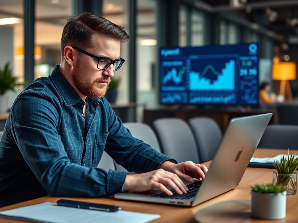 SEO specialist analyzing keyword data on a laptop with charts and graphs in a modern office environment