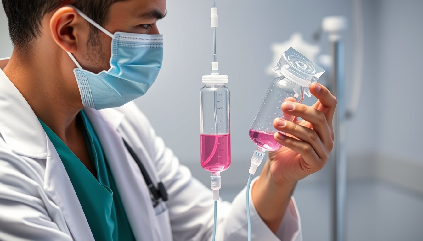  Doctor administering rehydration IV in clinic