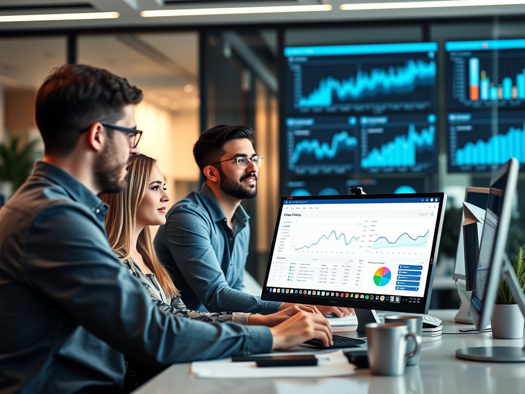 professional digital marketing team analyzing website traffic analytics in a corporate office setting