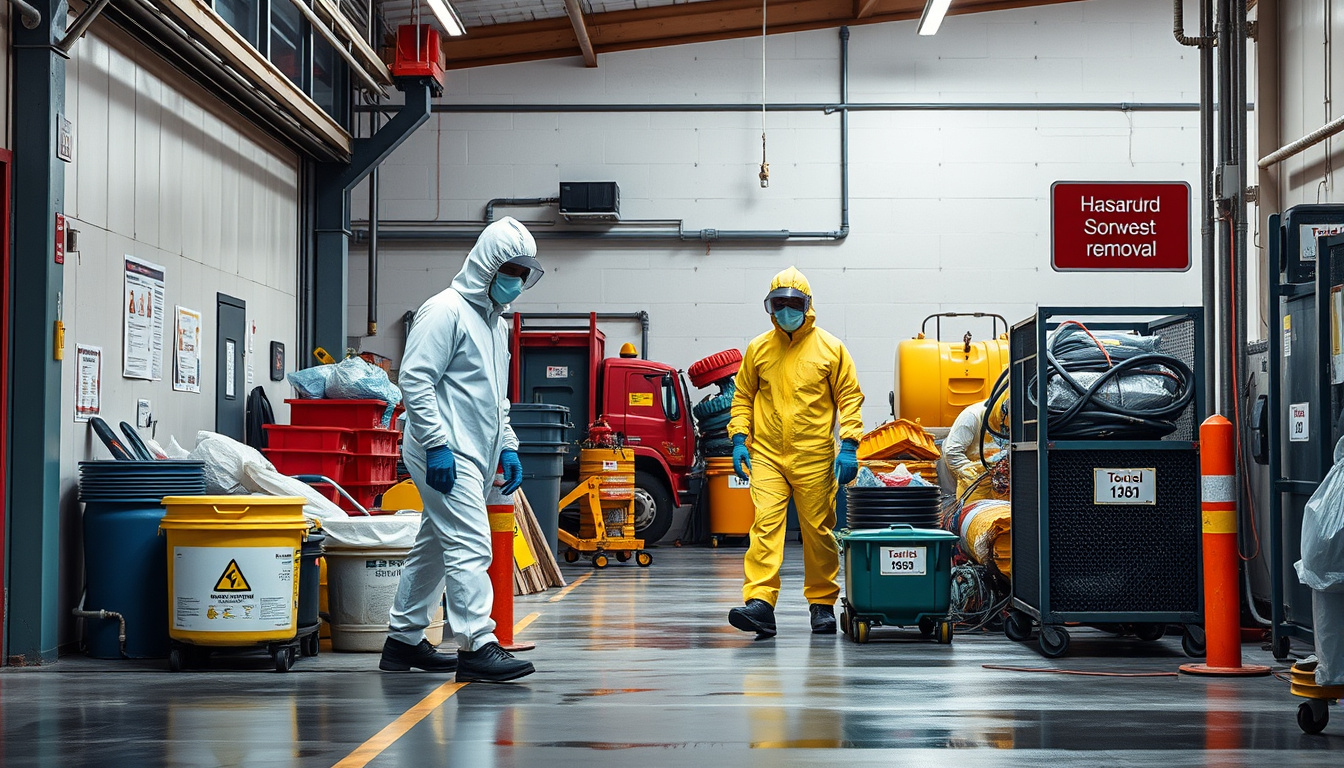  workers handling toxic materials, protective suits, secure hazardous waste removal site, clear signage