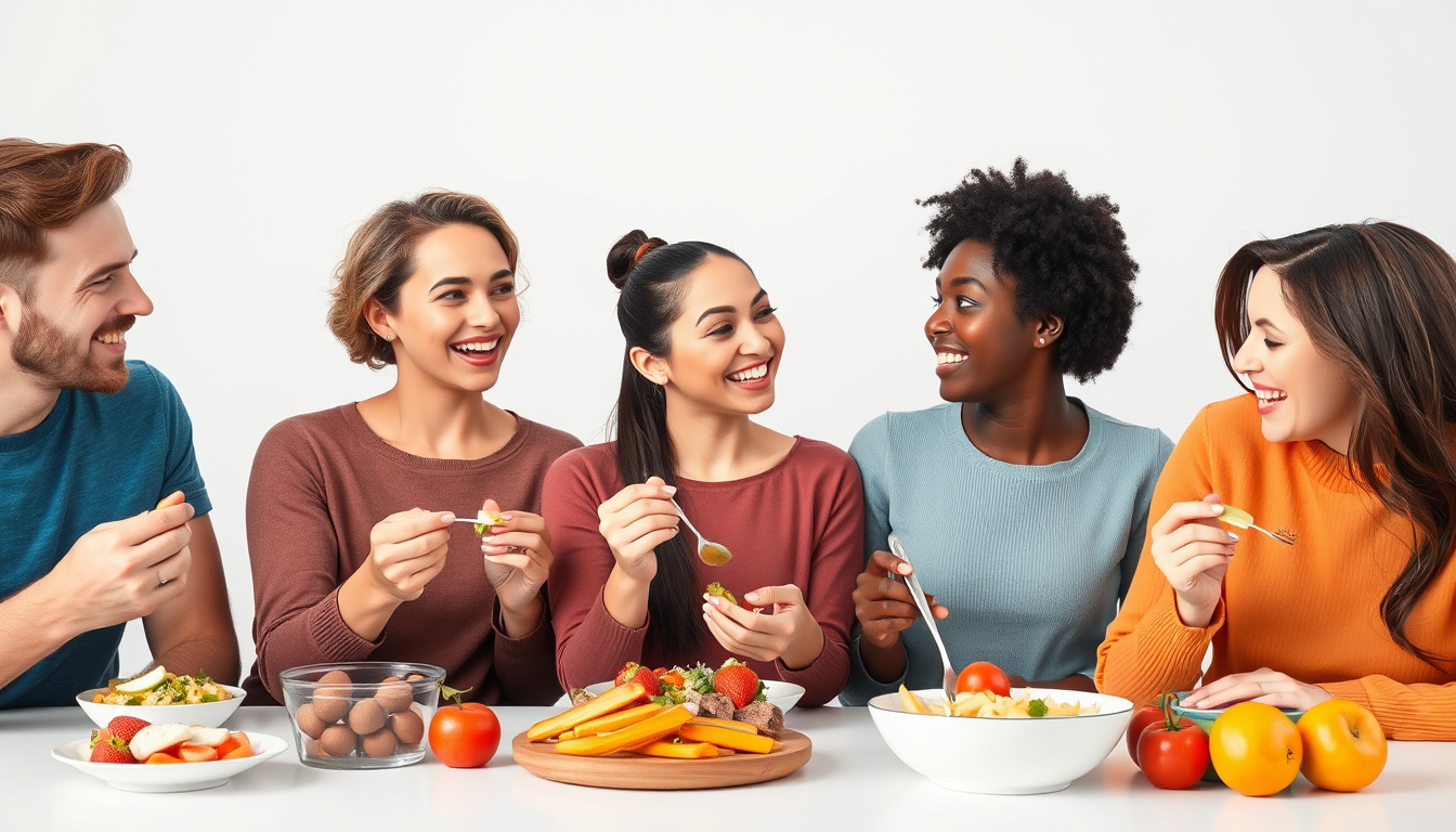  diverse group of people enjoying balanced meals, mindful nutrition and food tolerance theme