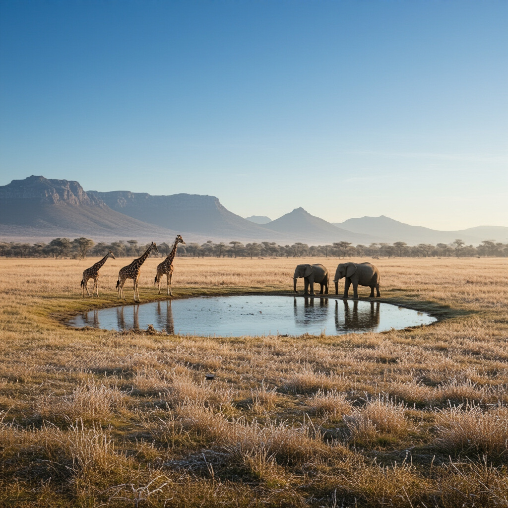 Create a realistic image of a serene South African winter landscape at dawn, showing a game reserve with wildlife (giraffes and elephants) gathered near a watering hole with frost-covered grass in the foreground, clear blue skies overhead, and distant mountains, depicting the uncrowded safari experience during the dry winter season in South Africa.