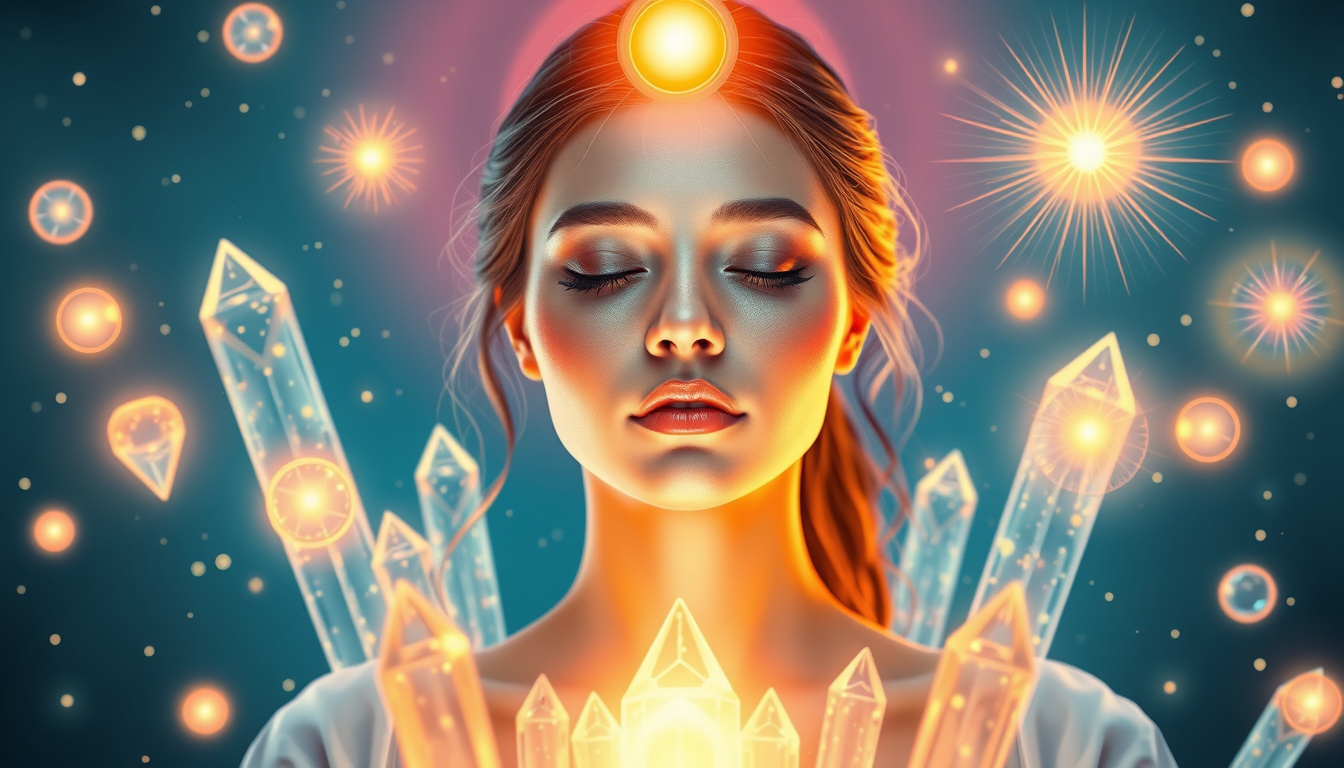  A serene healer surrounded by shimmering crystals and glowing energy orbs