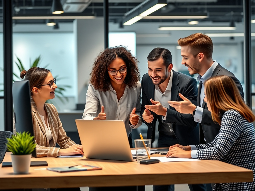 professional digital marketing team discussing backlink strategy in a modern office environment