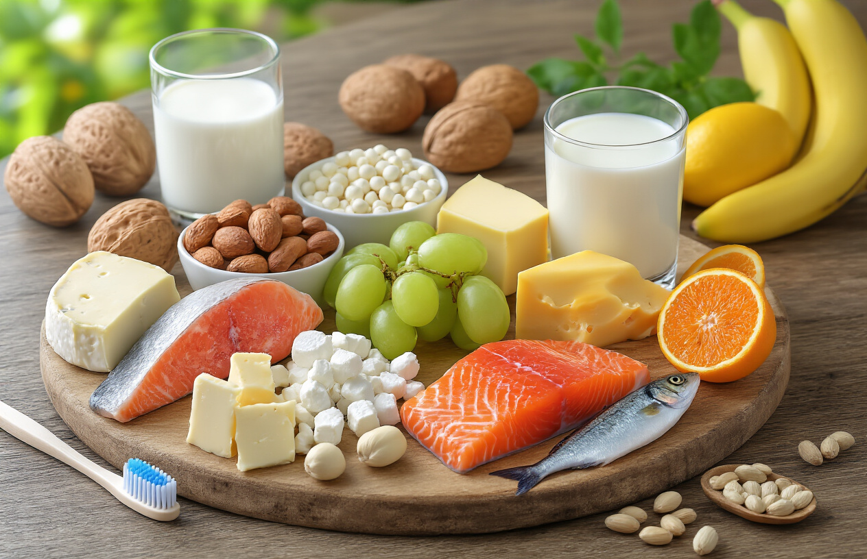 Create a realistic image of various nutrient-rich foods arranged on a wooden table, including calcium-rich dairy products, phosphorus-rich nuts, vitamin C-rich fruits, and vitamin D-rich fish, with a glass of milk and a toothbrush nearby, all presented in bright, clean lighting to emphasize the connection between these nutrients and dental health.