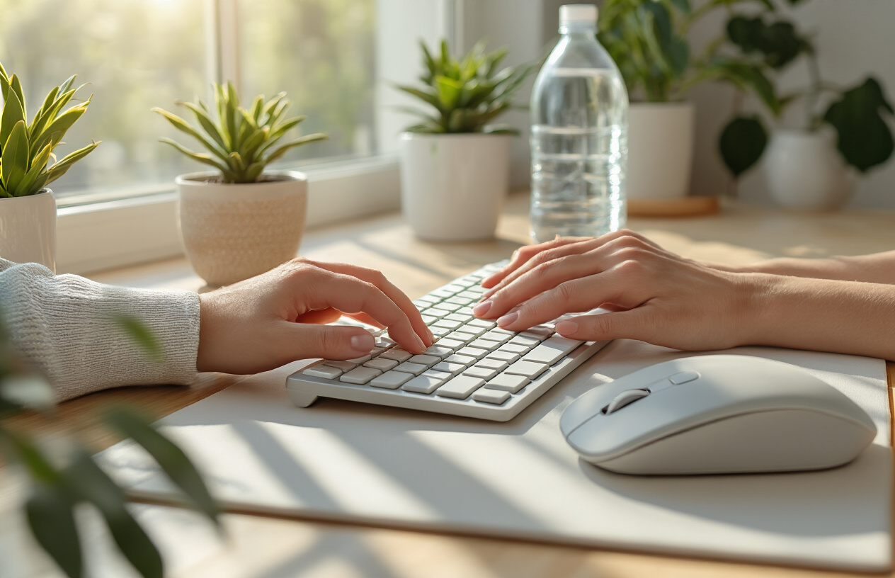 Create a realistic image of a close-up view of healthy hands typing comfortably on a modern ergonomic keyboard, with proper wrist positioning supported by a soft wrist rest, surrounded by a clean organized workspace including an ergonomic mouse, a water bottle, and a small potted plant, set against a bright natural lighting from a nearby window, conveying a sense of wellness, productivity, and proper self-care, with soft shadows and warm lighting creating a peaceful and optimistic atmosphere that suggests successful management and prevention of hand strain, absolutely NO text should be in the scene.