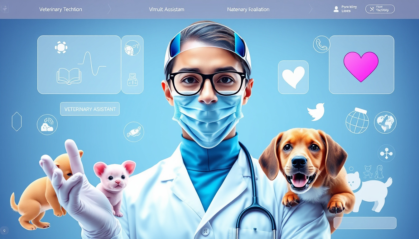 happy veterinary technician with virtual assistant interface, animals and medical icons, futuristic technology theme