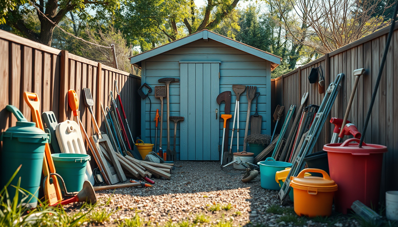  cluttered backyard with old shed debris, organized cleanup tools, vibrant atmosphere