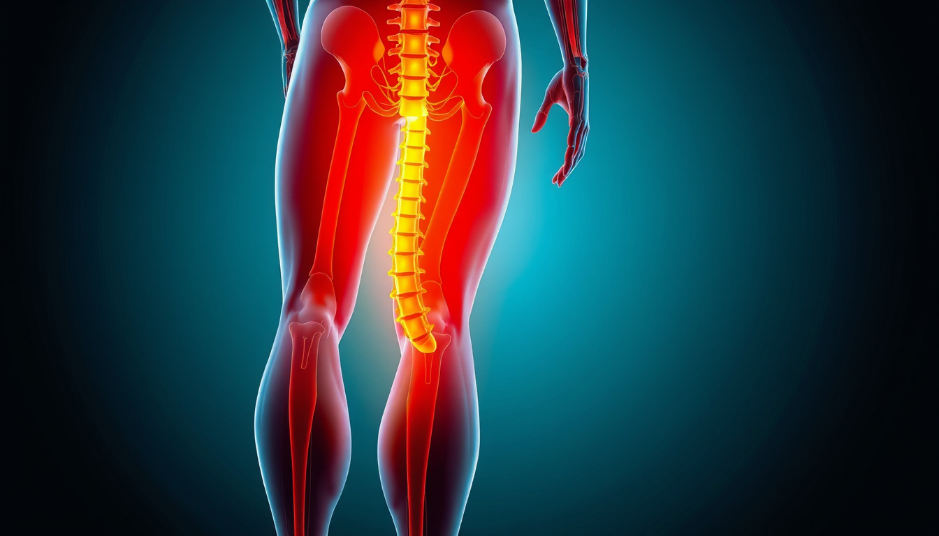  anatomical illustration of sciatica nerve pain, highlighted spine and legs, medical diagram style