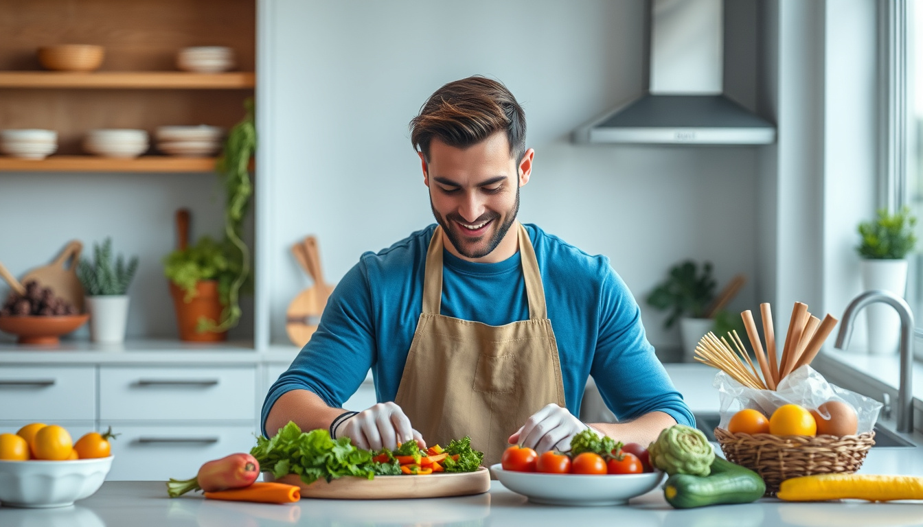  A healthy man preparing a nutritious meal in a modern kitchen, vibrant colors and fresh ingredients
