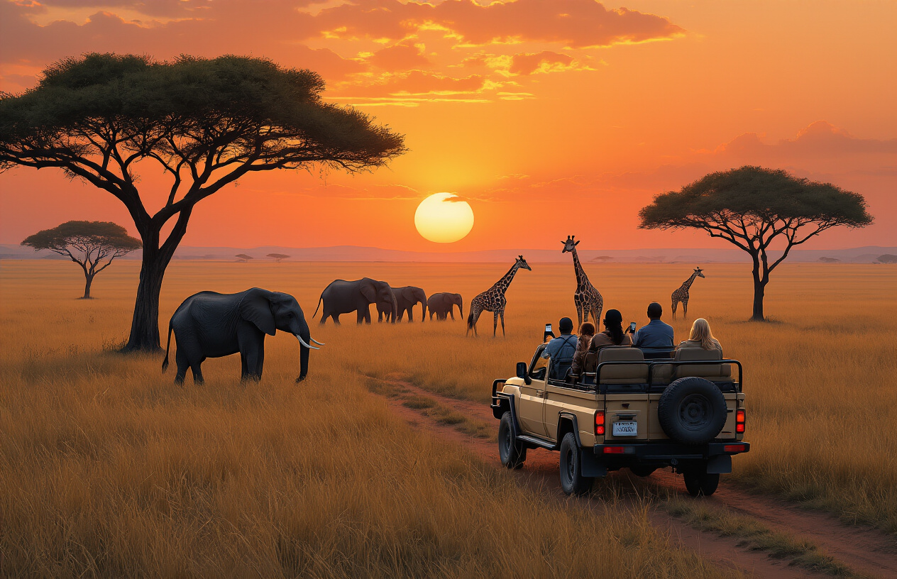 Create a realistic image of a vast Serengeti landscape at golden hour with acacia trees silhouetted against an orange-red sunset, a herd of elephants and giraffes visible in the distance, and a safari vehicle with tourists (mixed races including black and white, both male and female) using smartphones, suggesting connectivity while on safari, with the iconic flat-topped kopjes and endless grasslands stretching to the horizon.