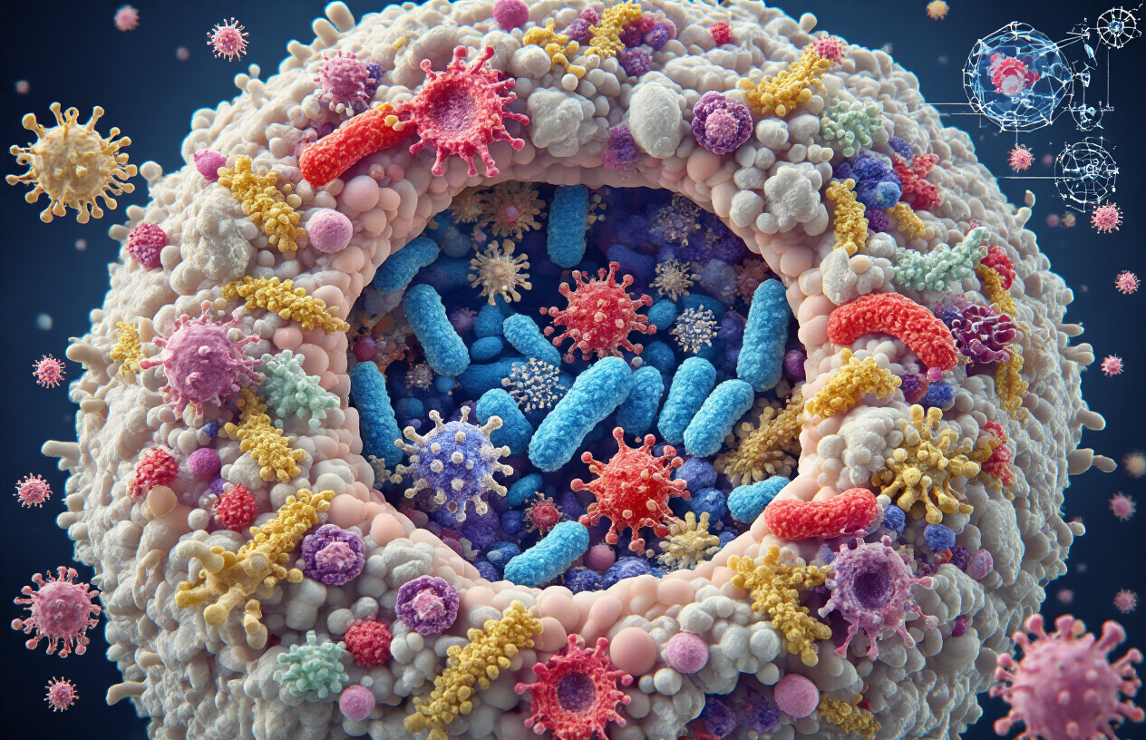 Create a realistic image of a microscopic view of the human oral cavity showing diverse bacterial colonies in vibrant colors against a dark background, with beneficial bacteria highlighted in blue and harmful bacteria in red, illustrating the delicate balance of the oral microbiome with some digital elements suggesting scientific analysis and research.
