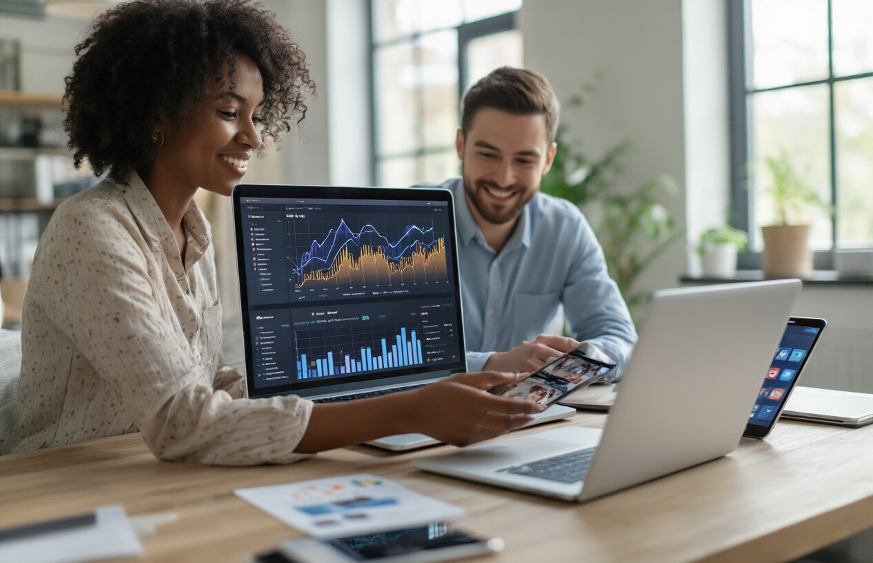 Create a realistic image of a diverse small business team gathered around a laptop displaying social media analytics with increasing graph lines, showing a mix of Black female, Asian male, and White female professionals smiling as they review engagement metrics, with smartphone screens showing various social platforms visible on the desk, in a modern office space with soft natural lighting coming through large windows, conveying growth and expanded business reach.