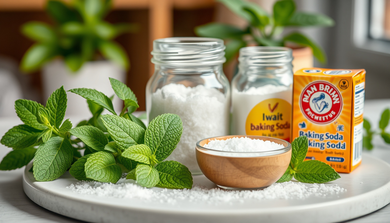  Natural remedies setup with fresh mint, salt, and baking soda, cozy home environment