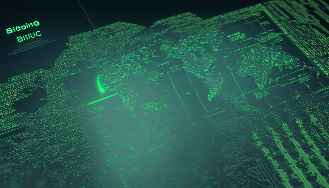  glowing bitcoins exchanging hands over global network map, vibrant cyber finance concept