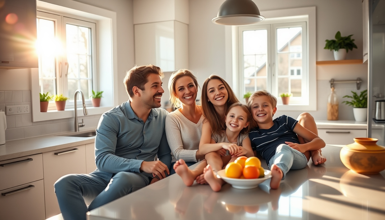  Happy family relaxing in spotless modern kitchen, sunlight streaming through windows