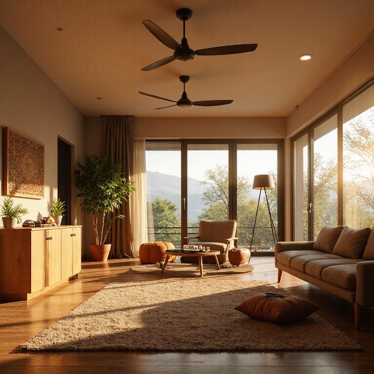 Modern energy-efficient ceiling fan in a smart home living room