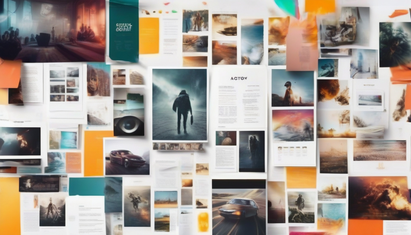  cinematic mood board with story elements transitioning to film scenes, script pages scattered on table
