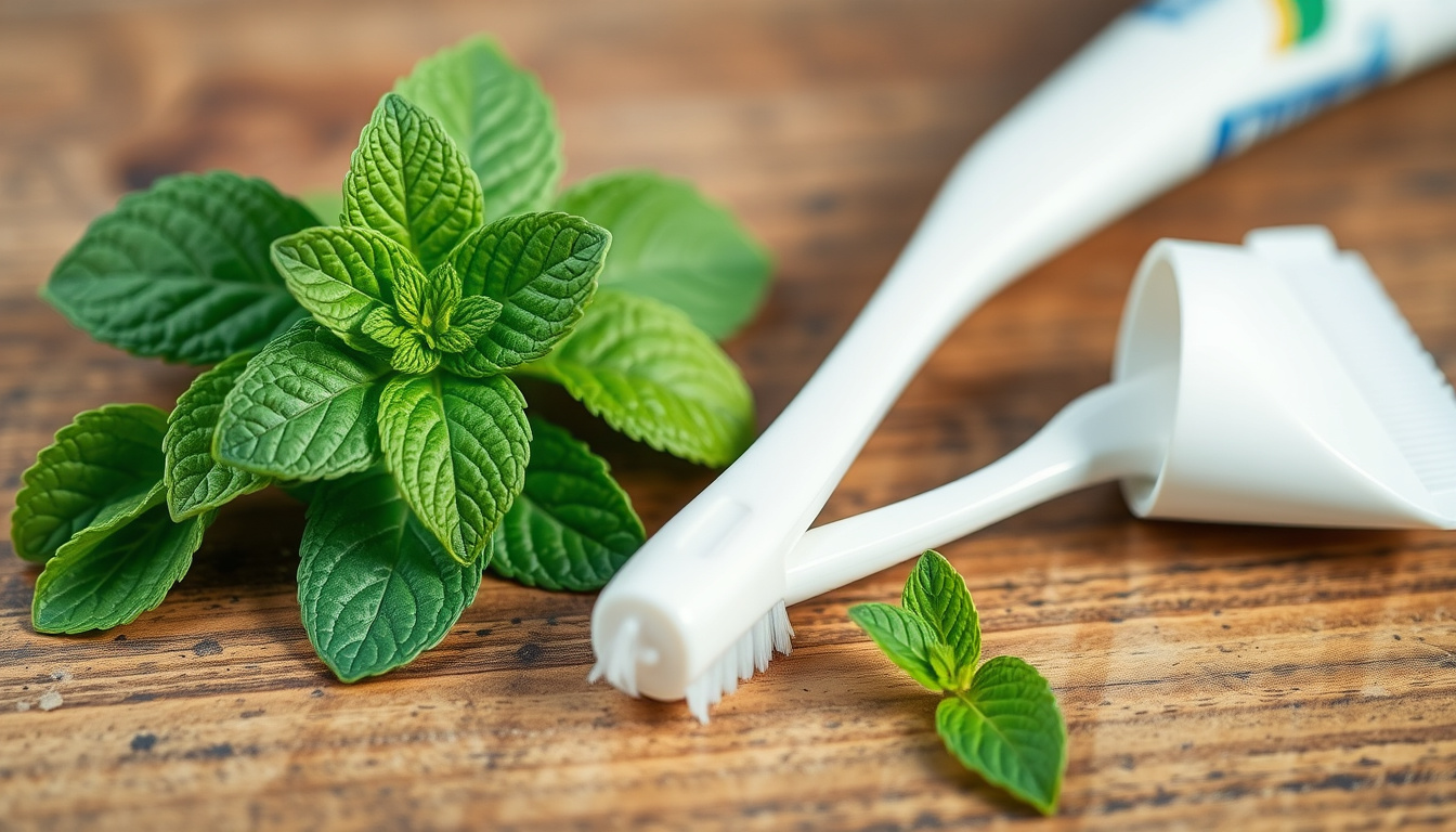  Natural remedies for tooth sensitivity, fresh mint leaves and toothpaste on wooden table