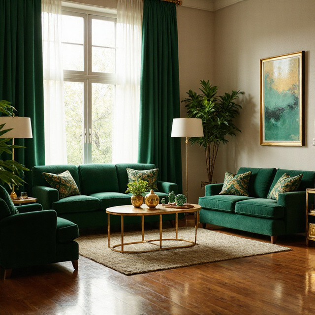 Gold and green décor accents in a luxurious yet calming living space