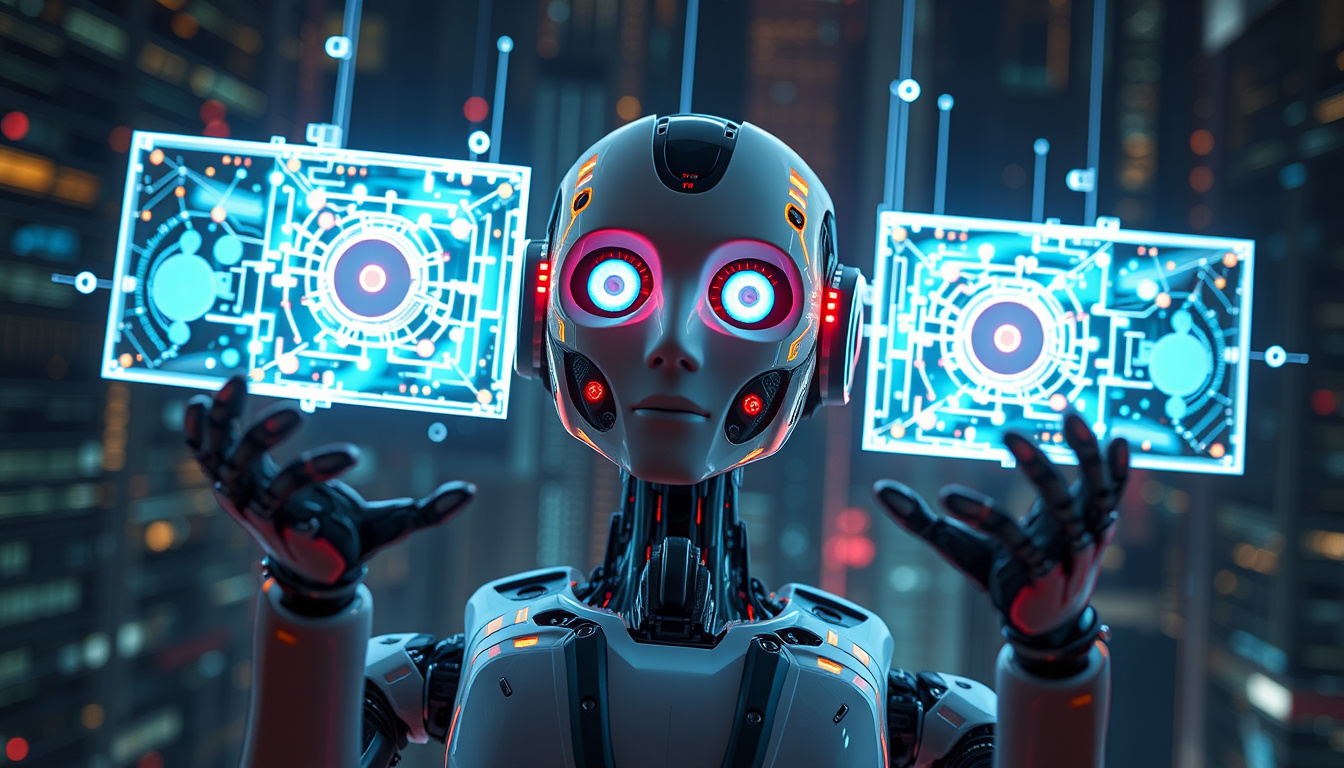 humanoid robot analyzing complex data structures, holographic cognitive models floating, cybernetic environment