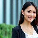 portrait of a professional latina businesswoman in her 30s wearing elegant clothes, smiling confidently against a blurred financial district background