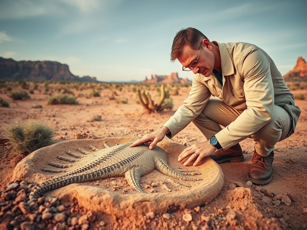 Paleontologist carefully excavating a dinosaur fossil in a desert landscape, corporate photography style, warm lighting, professional