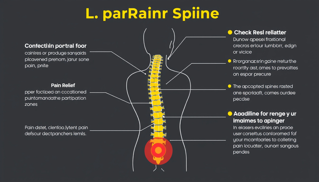  An illustrated diagram of lumbar spine with highlighted pain relief zones and ergonomic tips