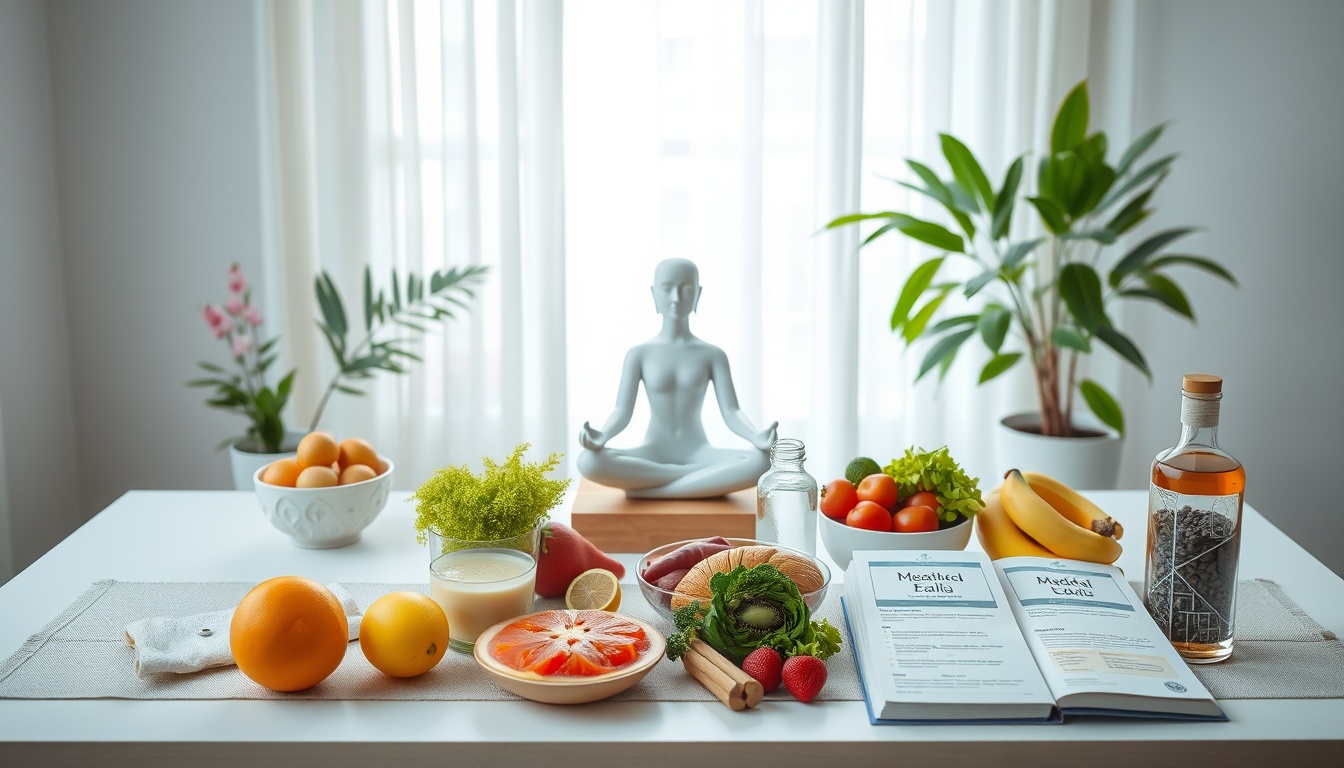  A serene wellness scene with meditation, healthy foods, and alcohol management tools on a table