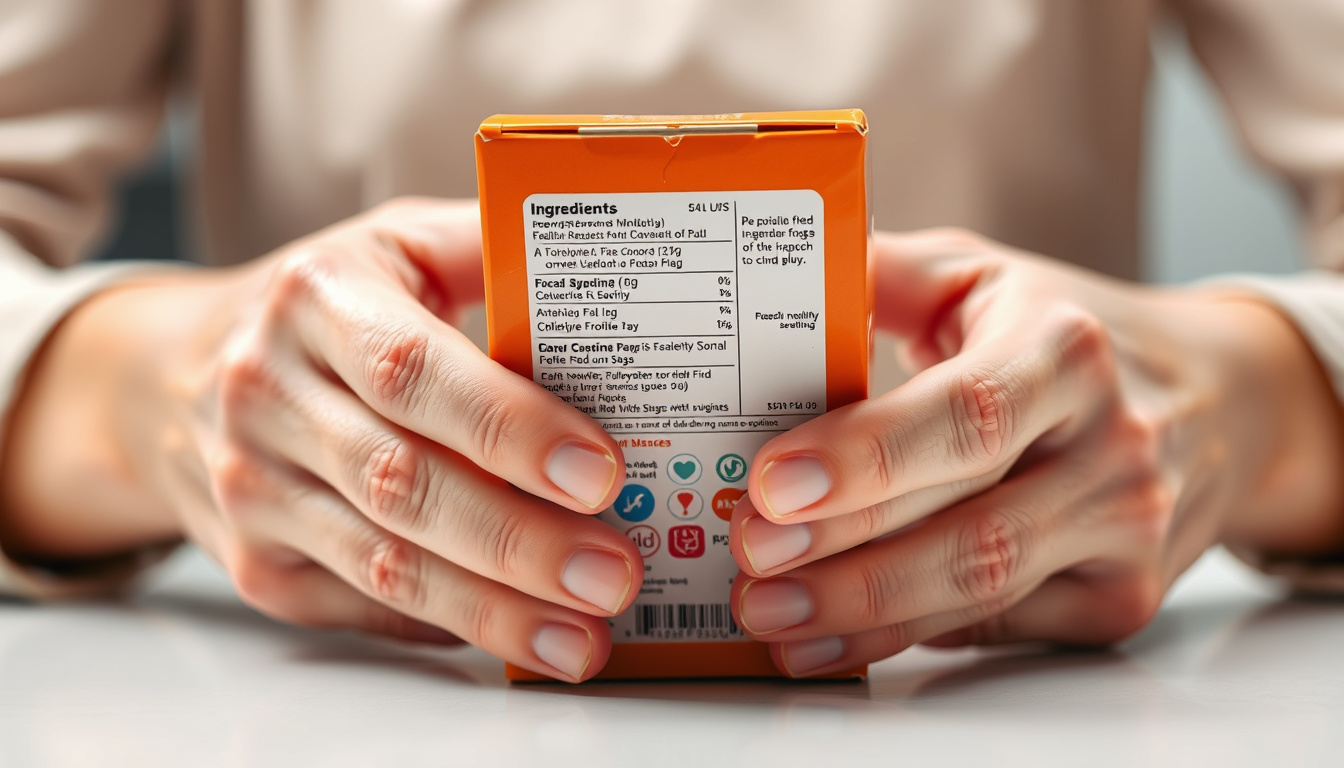  close-up of hands reading food packaging, clear ingredient list and health logos on box