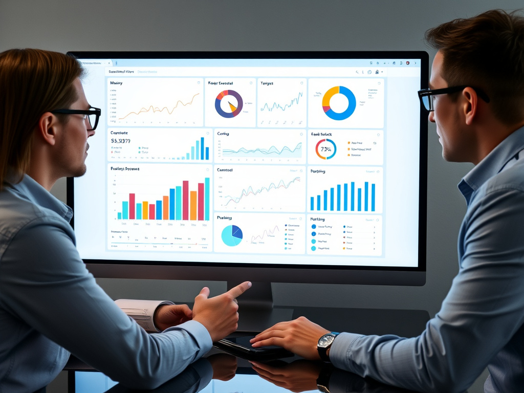 professional business team analyzing website performance on digital dashboard with charts and analytics