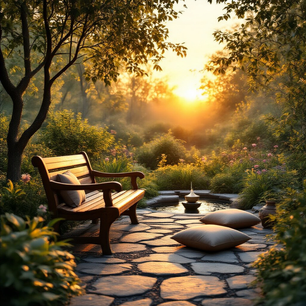 Create a realistic image of a serene nature scene at sunset, showing a peaceful garden with a wooden bench, meditation cushions, and a small water feature, symbolizing tranquility and balance after implementing stress management techniques, with warm golden lighting creating a calming atmosphere.