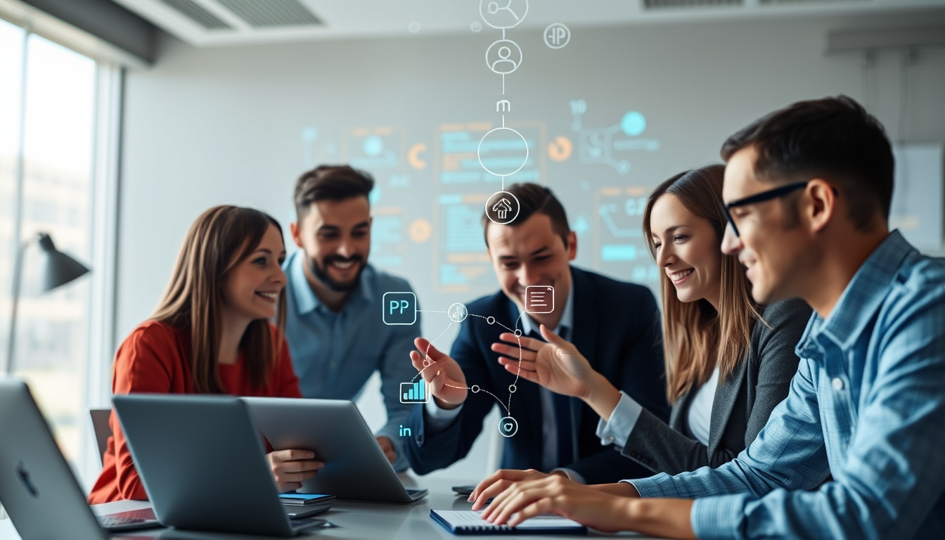  Team collaborating seamlessly with digital tools and data streams