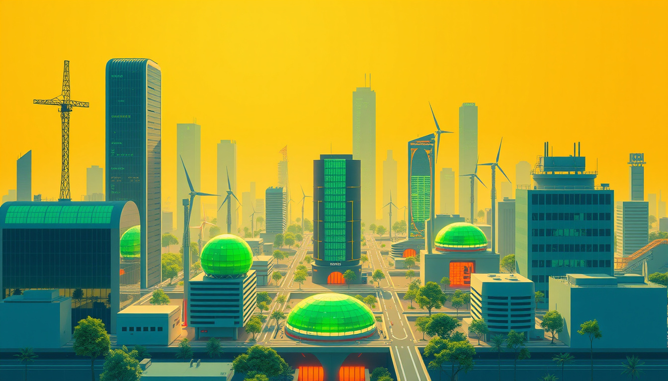  Futuristic cityscape with green energy solutions and e-waste recycling plants —no extra words or line breaks