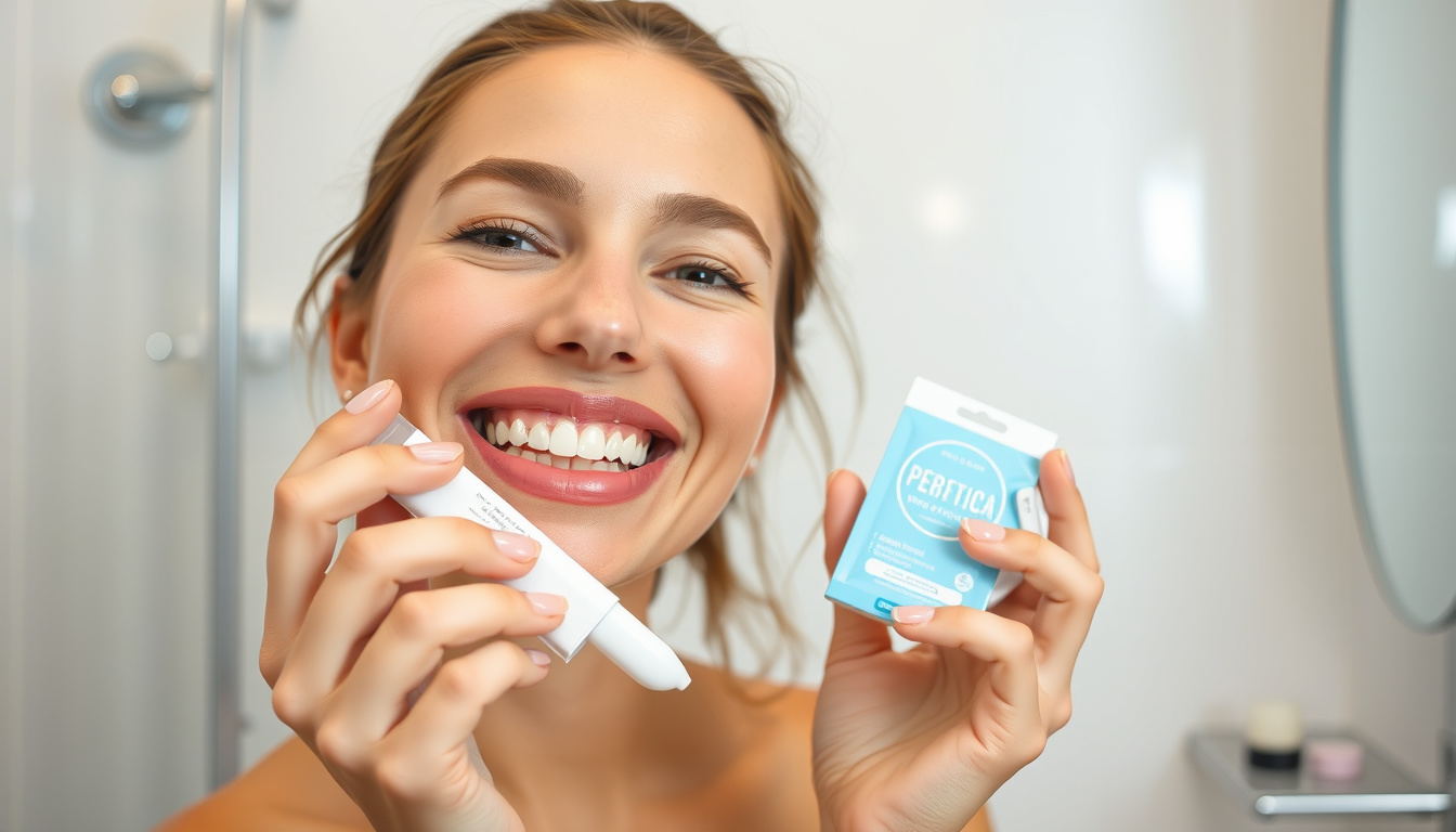  Smiling woman using a sensitive teeth whitening kit in serene bathroom lighting