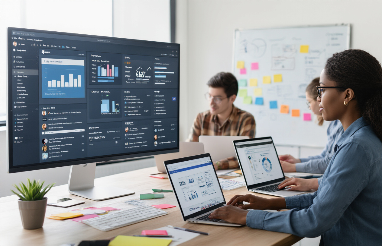Create a realistic image of a diverse marketing team efficiently collaborating around a digital workspace, with a black female team leader organizing a content calendar on a large screen displaying social media analytics and scheduled posts, while team members work on laptops with social media management tools open, surrounded by organized notes and a whiteboard showing workflow diagrams, in a modern office with natural lighting, conveying productivity and systematic approach.