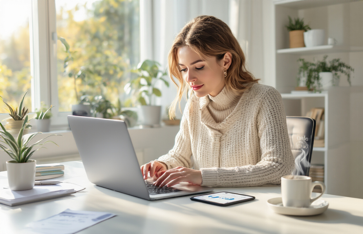 Create a realistic image of a white female professional in her 30s sitting at a neat, modern desk in a sunlit home office, interacting with ChatGPT-5 on a sleek laptop while simultaneously checking her morning to-do list, a steaming coffee mug and smartphone with productivity apps visible nearby, suggesting an organized morning routine enhanced by AI assistance.