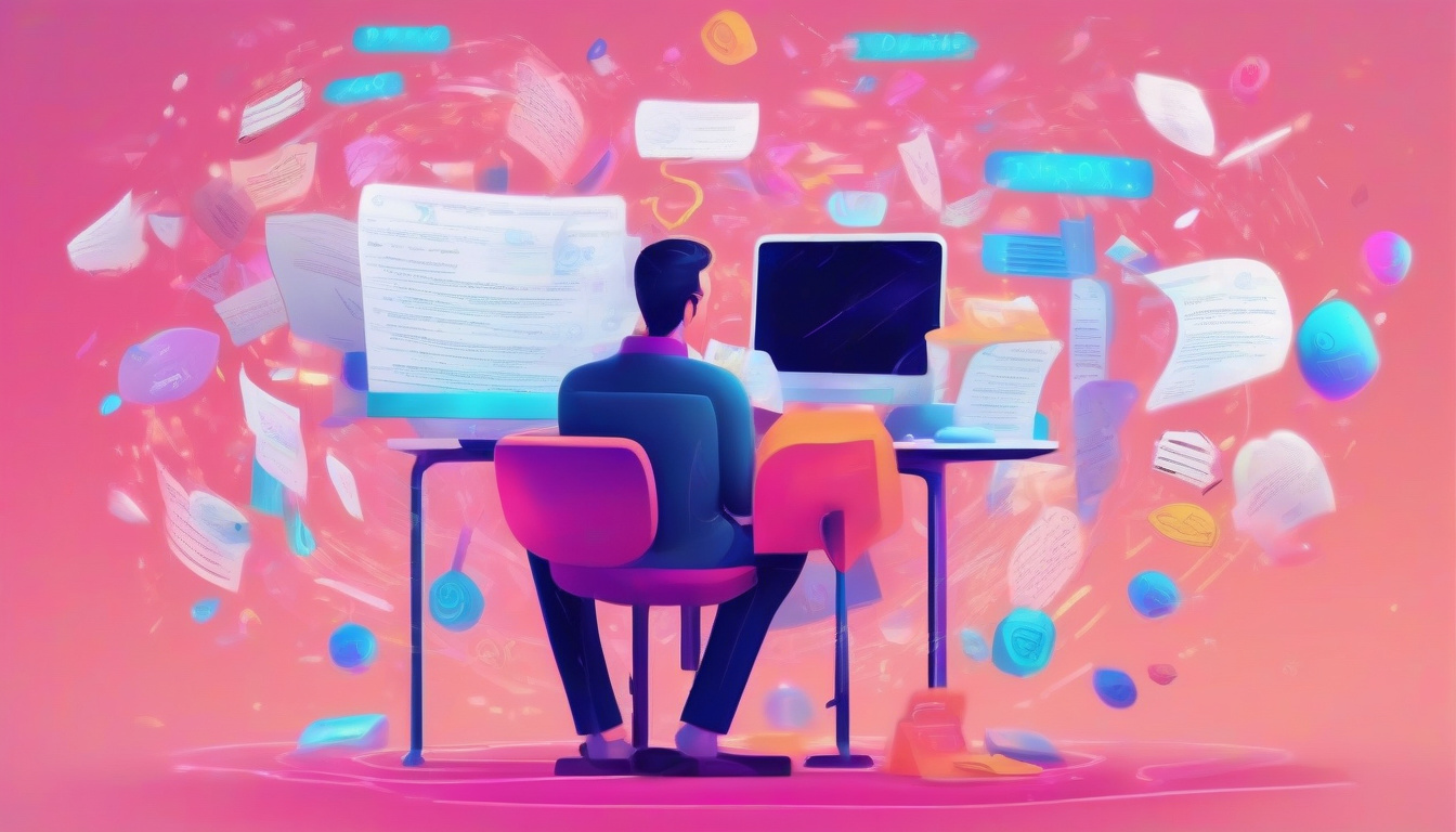  professional screenwriter surrounded by floating holographic script elements and efficient workflow icons