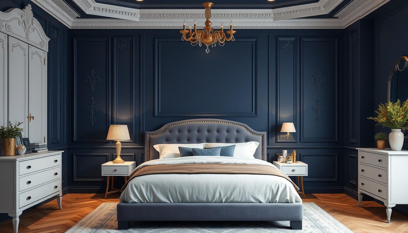 Interior Paint Tips: Transform Your Space with Stunning Finishes 1 Elegant bedroom with matte navy blue walls and intricate detailing —no extra words or line breaks